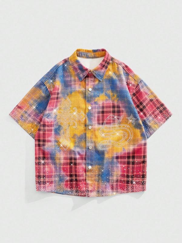 Men Plaid Short Sleeve Denim Shirt with Rhinestone Detail for Casual Street Wear funny graphic tee funny shirts for men funny shirts 90s graphic tees men sweatsuit set 67 shirt cute boyfriend gifts fall clothes dad christmas gift clearance