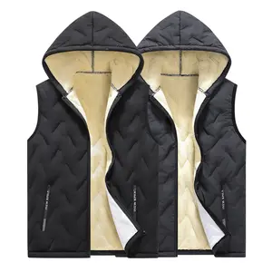 Men's Fleece-Lined Thickened Hooded Vest Autumn Winter Outerwear Warm Sleeveless Jacket Casual Waistcoat for Dad