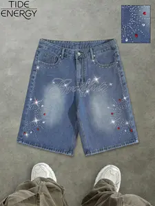 Men's Blue Y2K Rhinestone Embellished Jeans Shorts, Dark Hip-Hop Street Style Casual Denim Bottoms, Trendy Fashion for Men