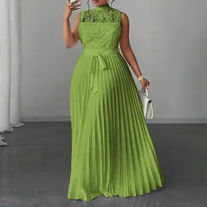 ChicMe Women's Mock Neck Sleeveless high Waist Pleated Maxi Dress Elegant Lace & Braided Spliced Zipper Back Evening Dress with Belt