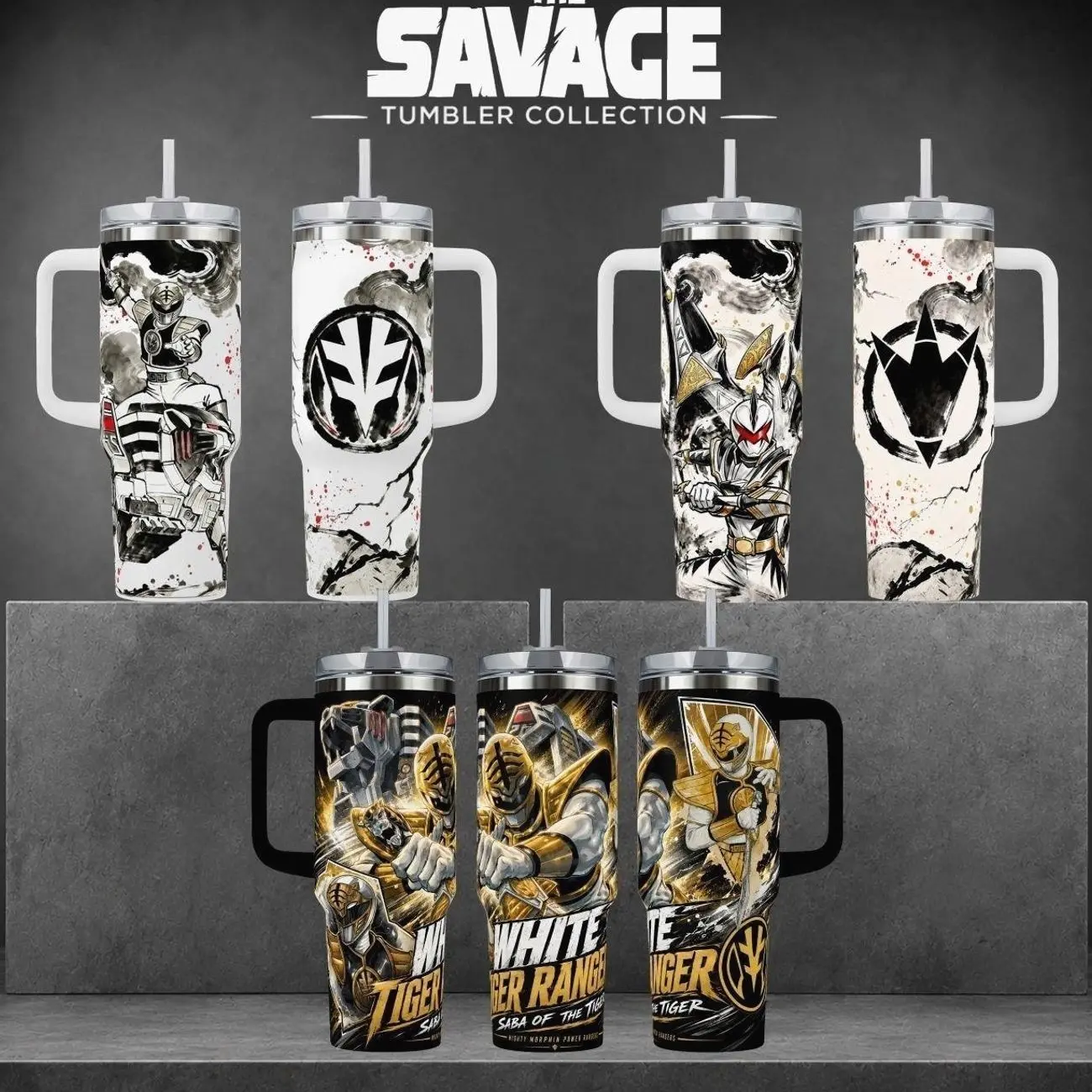 White Ranger Tigerzord Graphic Tumbler, Mighty Morphin 40oz Cup with Handle, Saba Sword Martial Arts 20oz Stainless Steel Travel Mug, 90s Nostalgia Hero Gift, White Ranger Inspired Insulated Tumbler