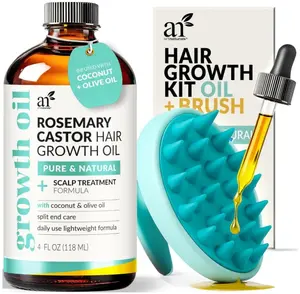 Artnaturals Organic Rosemary Castor Hair Oil + Massager Hair Growth Set Hair Growth Oil 4 ounces with Coconut & Olive Oil for Dry, Damaged & Split End