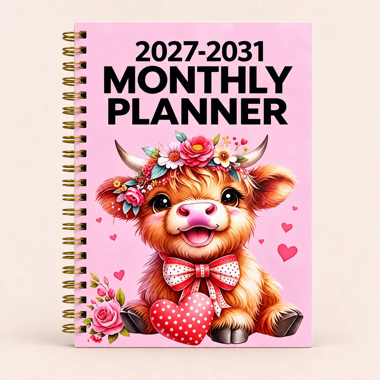 2027-2031 Monthly Planner, 5-Year 60-Month Calendar Planner with Cute Pink Highland Cow Cover, A5 Spiral Organizer with Habit Tracker, Yearly Overview, Important Dates and Notes