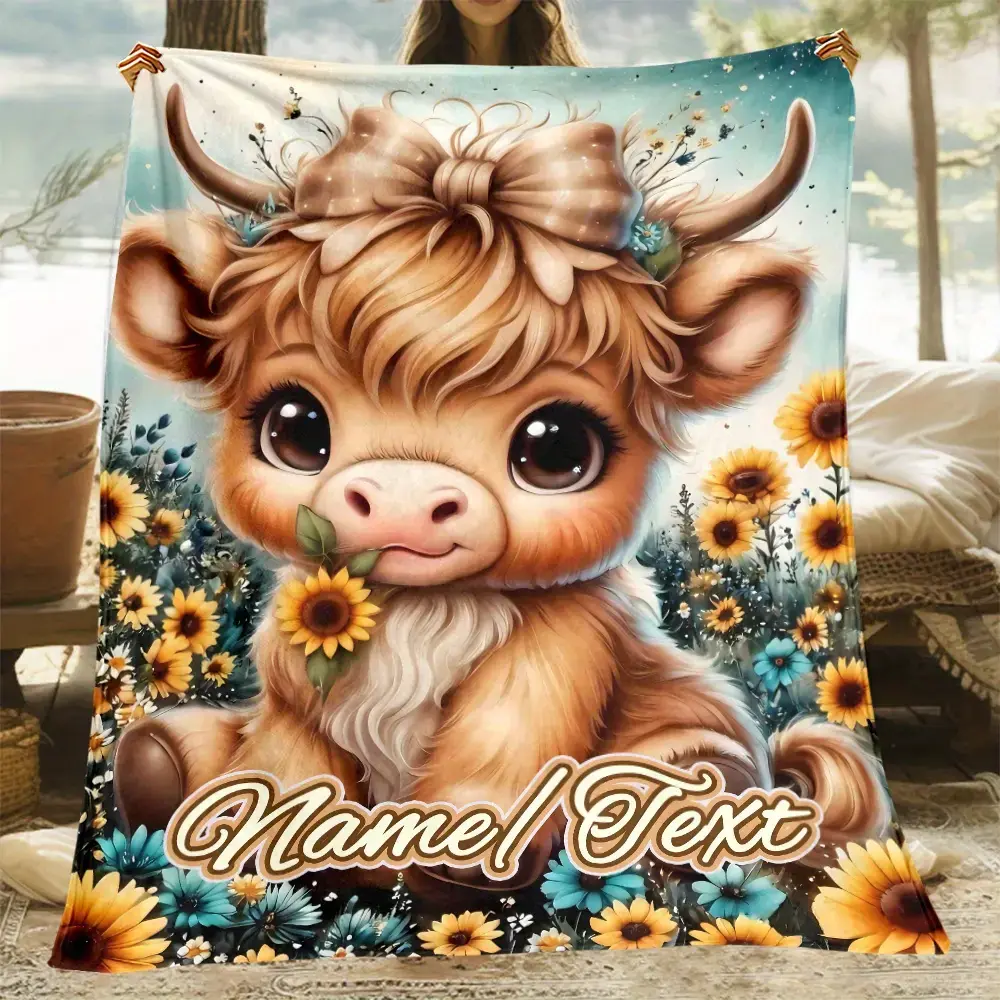 Personalized Highland Cow Flannel Blanket - Cozy, Super Soft Lightweight Polyester Throw, Machine Washable Modern Bedding, All Seasons General Use for Adults, Ideal Gift for Animal Lovers