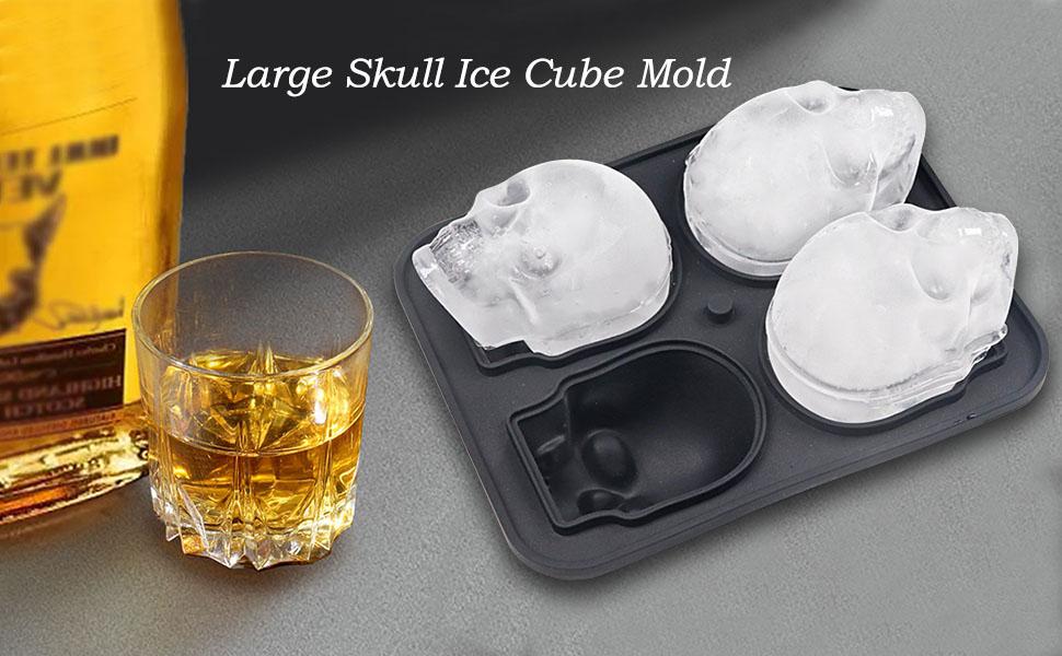 Extra Large 3D Skull Ice Cube Tray with Clear Funnel, Easy Release Silicone Mold, 4 Cute and Funny Ice Skull for Whiskey,Cocktails and Juice Beverages,Black