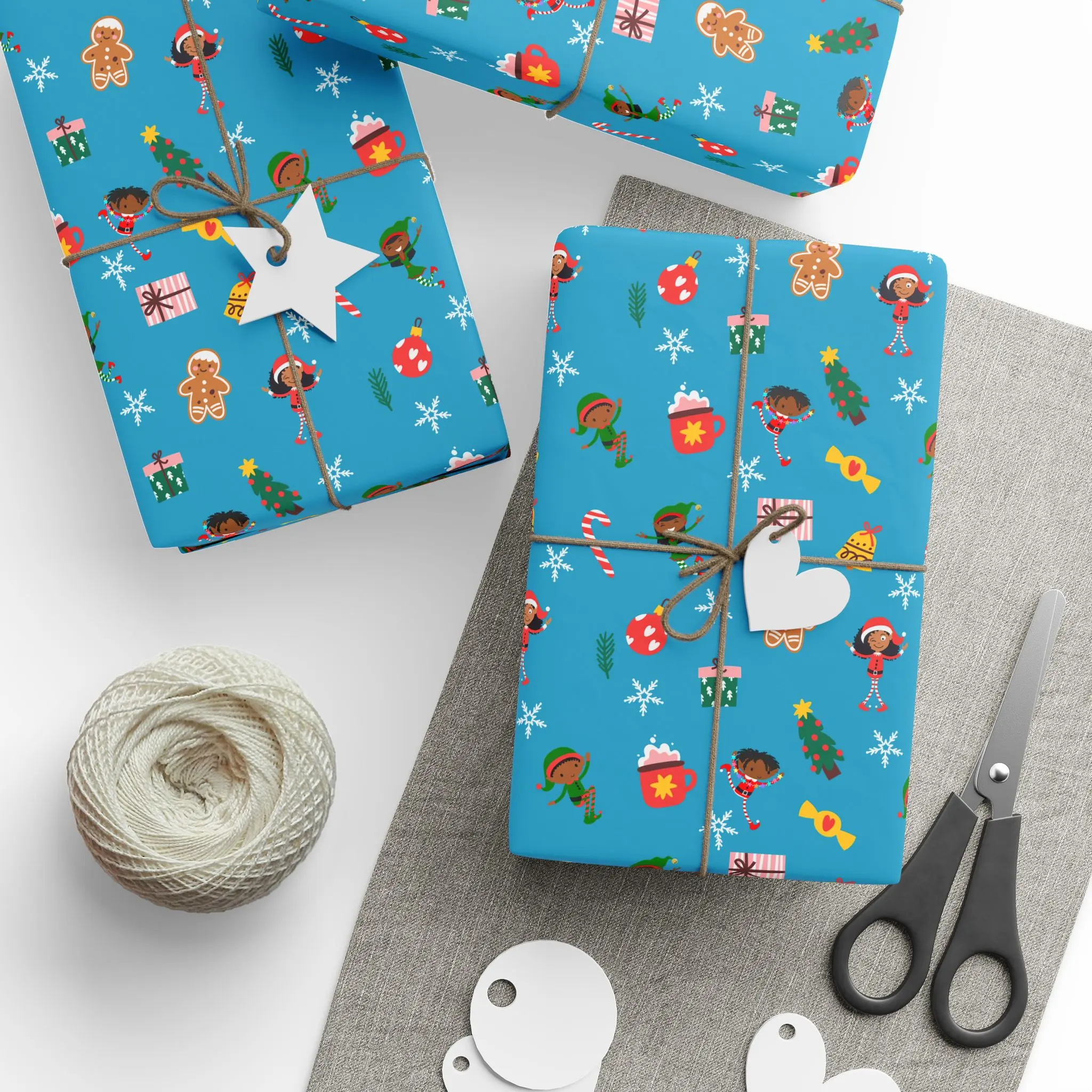 Santa’s Little Helpers Wrapping Paper - Holiday Gift Wrap for African American Families, Cute & Inclusive Designs for Kids, Turquoise
