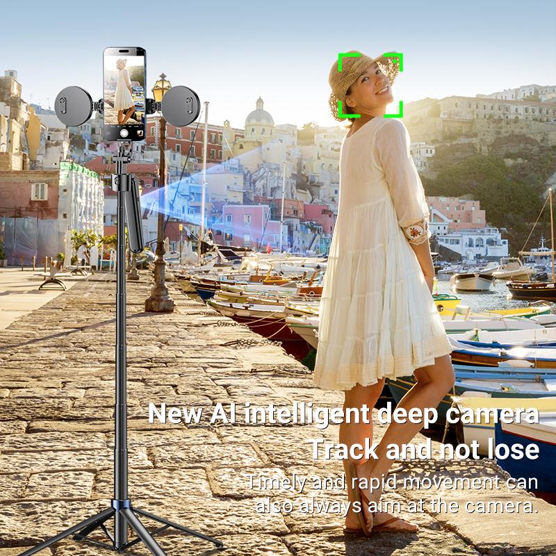 NEW 360-Rotatable Selfie Stick Tripod,Rechargeable Smart Face Tracking Tripod With 2 Fill Light, Auto Face Tracking Phone Holder for Vlog, Live Streaming,Smartphone Camera Accessories New Selfie Stick  face tracking  tripod