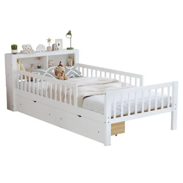 Bellemave Twin Size Bed with Headboard Storage Rack, Two Under-Bed Drawers, Three-Side Guardrails for Safety and Security