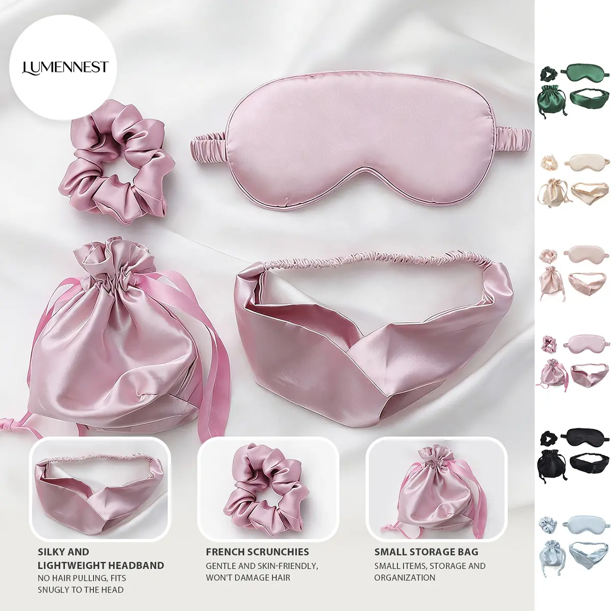 LUMENNEST Women's 4-Pieces Silk Solid Color Sleeping Accessory Set - High Elastic Eyemasks for Sleeping, Night Mask, Headband, Scrunchies, Portable Storage Bag (Eye-Friendly Fashion Accessory Sets)