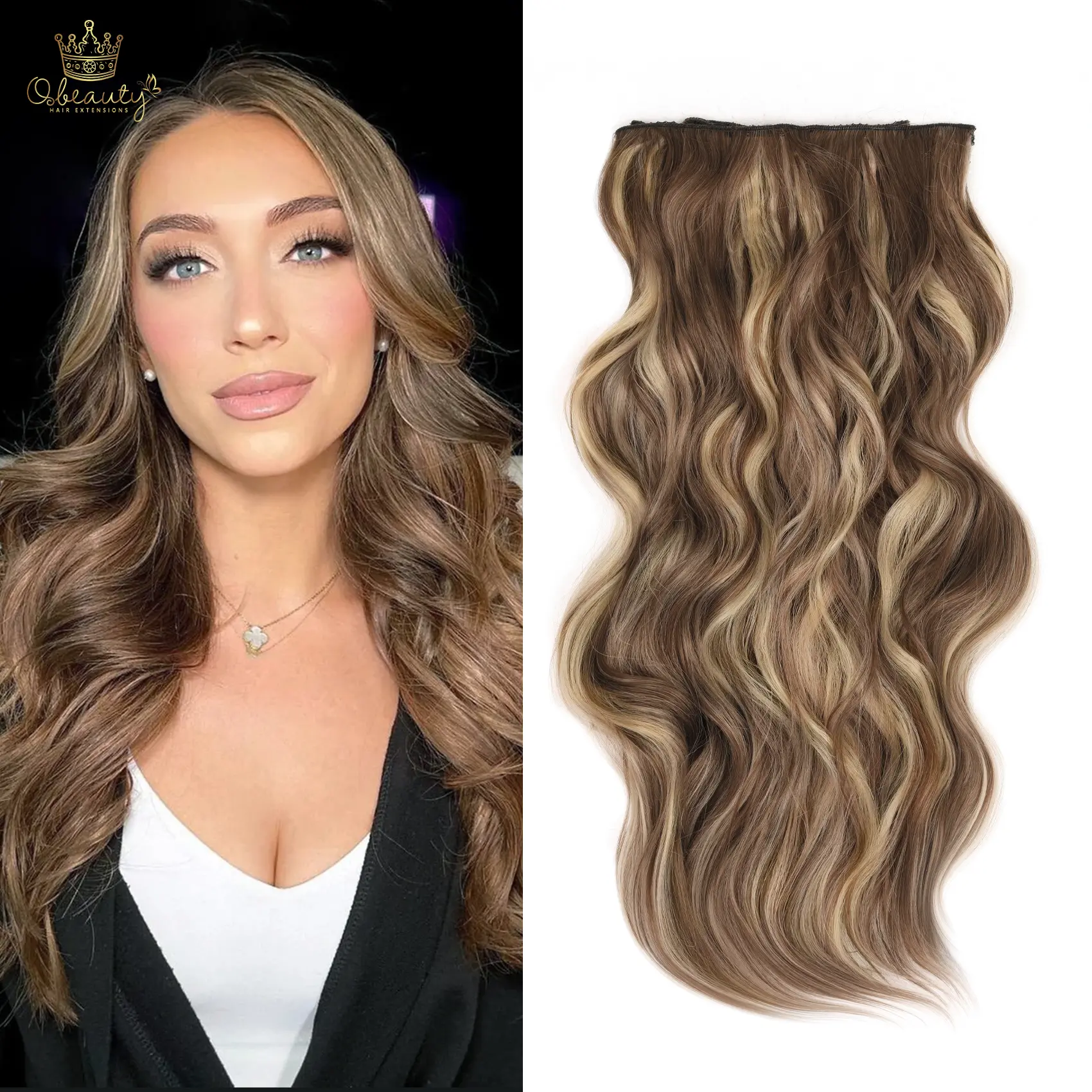 Qbeauty Women's Warm Bronde Multi-Shade Clip-In Synthetic Soft Hair Extensions, 4PCS Long Wavy Thick Double Weft Hairpieces, Natural Look for Everyday Wear, Realistic Hairpieces