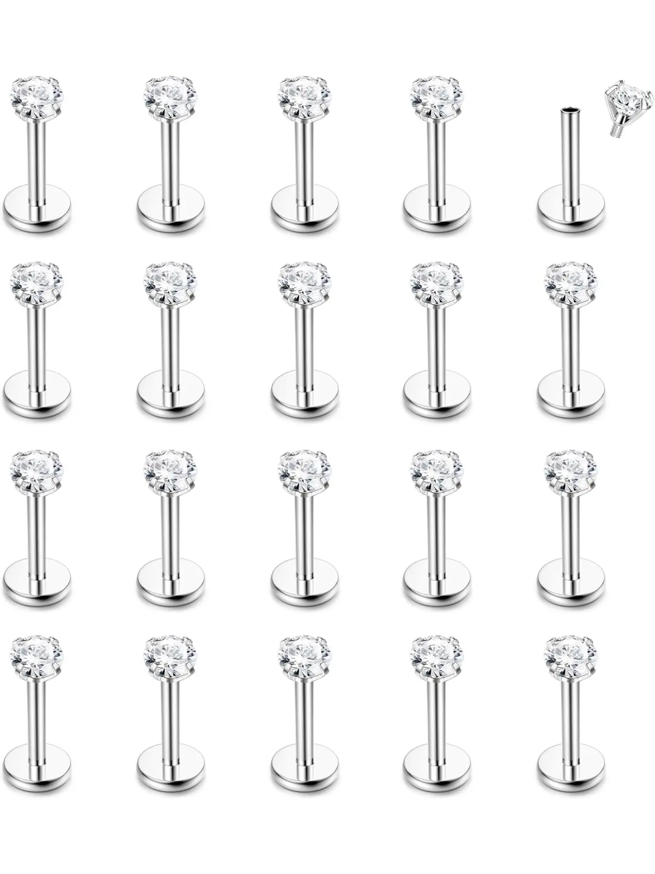 20pcs 16g Labret Piercing Jewellery Set with 316L Steel and Cz Ball in Silver Color and, Tragus Earrings for Helix and Cartilage, Body Piercing Jewelry High Quality Jewelry