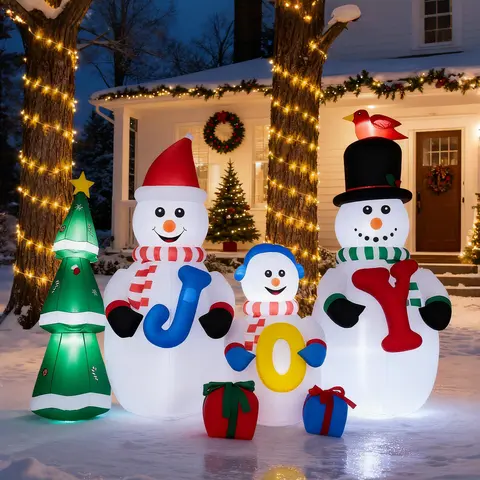 VINGLI Led Lit Inflatable Snowman Family Ornament - Frostbite Figure Christmas Decor with Built-in LED Lights, Front Yard Lawn Garden Holiday Party Outdoor Decor, Snowman Christmas Decor