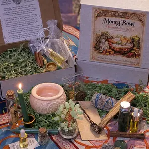 TicoHerbs Money Bowl Ritual Kit with Charm Candles for Attracting Wealth Prosperity & Abundance