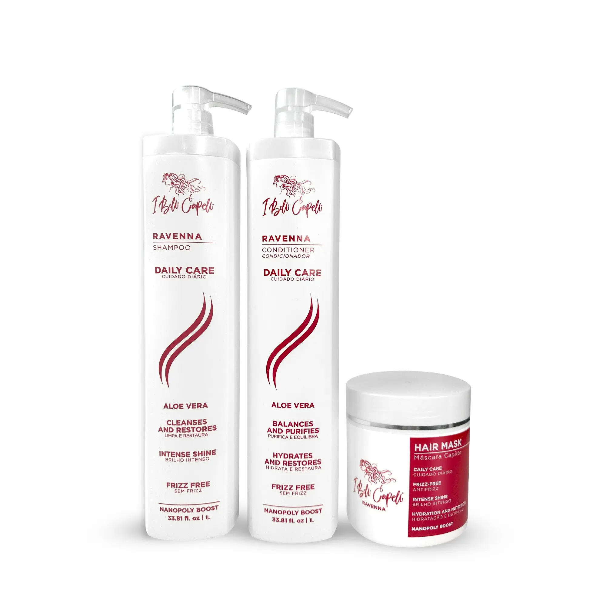I BELLI CAPELLI Ravenna 3-Piece Haircare Kit - Hydrating Aloe Vera Shampoo, Conditioner & Hair Mask Cleanser for Dry, Damaged Strands, Boosts Moisture, Radiant Shine & Strength, Intensive