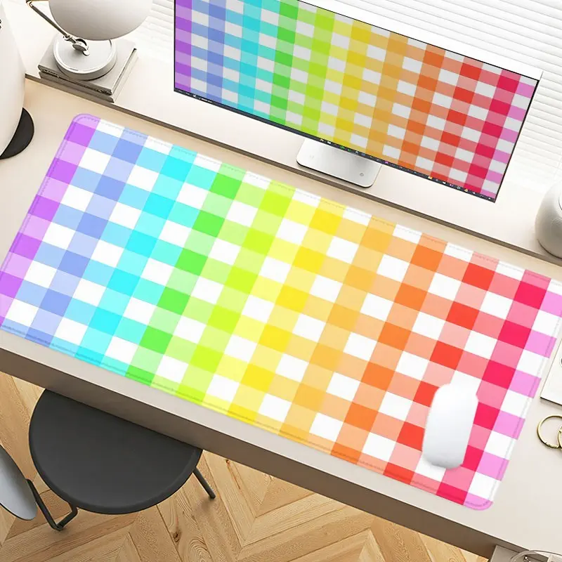 Rainbow Gradient Checkerboard Desk Pad Gaming Mousepad XXL Mouse Pad For Laptop Desk Mouse Pad Extra Large With Non-Slip Rubber Base Stitched Edges Surface For PC Gamers Office Workers & Home Use Christmas Gift Idea