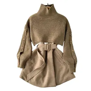 Gentle autumn and winter style women's new fashion short elegant sweater women's set slim fit high neck basic casual office women's set Gamis khaki long sleeved minimalist chic daily gift