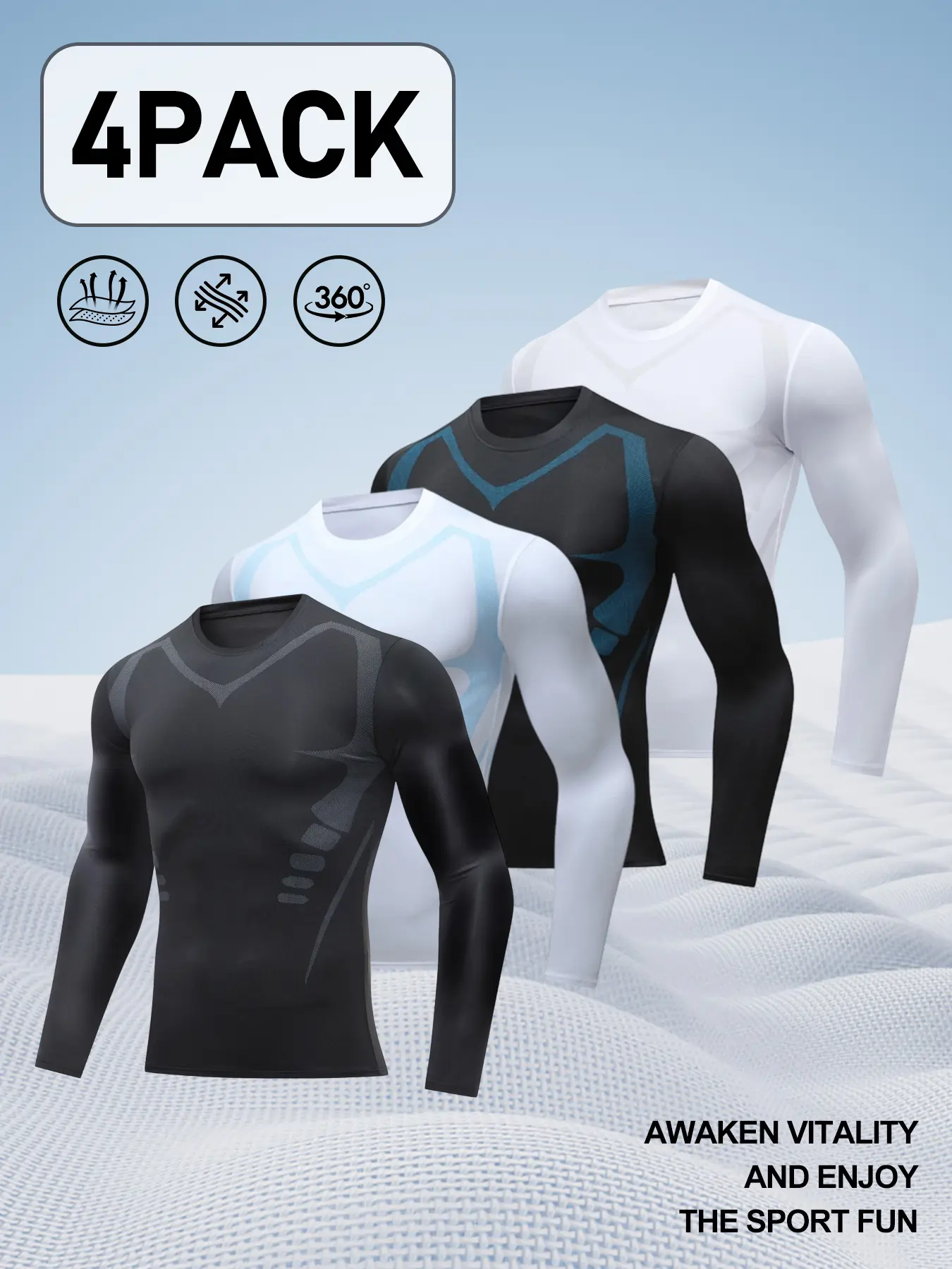 4 Pack Men's Cool Dry Compression Shirts, Long Sleeve Athletic Base Layer Tops, Stretchy Sports Undershirts for Men, Gym, Running & Outdoor Activities