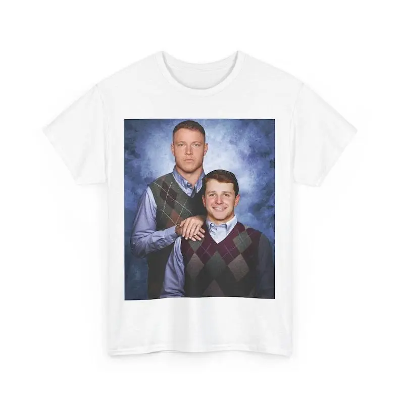 Men's Cotton Round Neck Shortsleeve Graphic T-Shirt - Classic Casual Football Fashion Preppy Basics Top, All Seasons, Featuring Step Brothers' Brock Purdy & Christian McCaffrey Graphic Print, True Size Run, Christmas, 4Xl