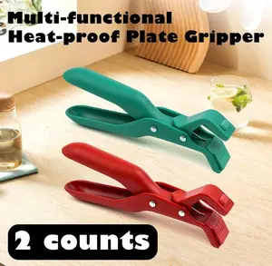 2 Counts Hot Plate Gripper, Multi-Purpose Anti-Scald Tool for Bowls, Plates, Pans, Serving as Holder, Clip, Tongs, Clamp in Kitchen Red & Green