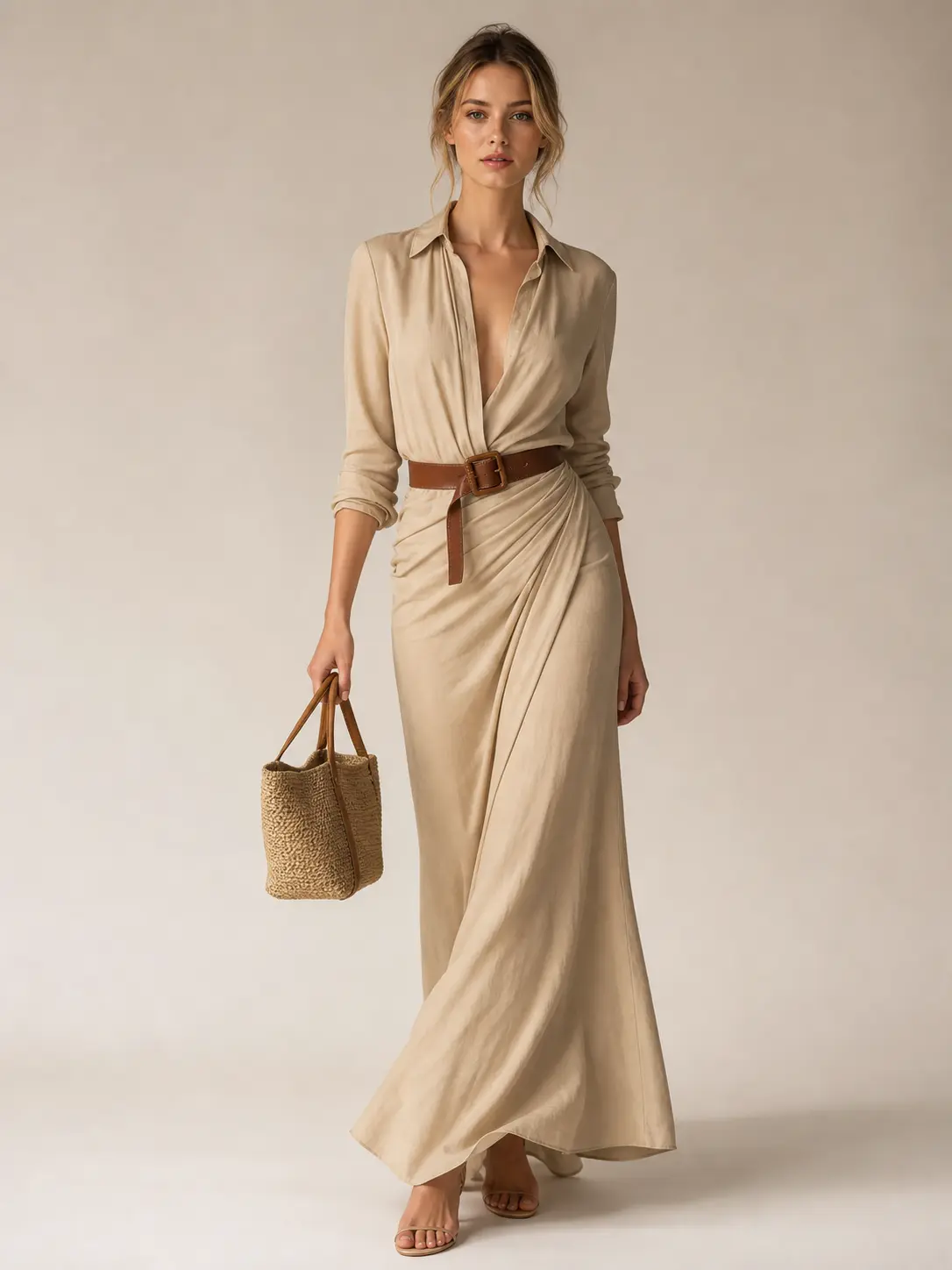 2026 Fall US Elegant Solid Polyester Shirt Maxi Dress Women Long Sleeve V Neck High Waist Irregular Ruched Wrap Long Dress With Belt Casual Work Wedding Guest Outfit XS-5XL