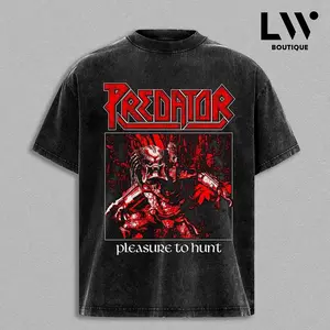 Vintage Predator Movie Washed T-Shirt | Iron Maiden Style Heavy Metal Graphic Tee | Oversized Boxy Fit Sci-Fi Horror Merch Shirt