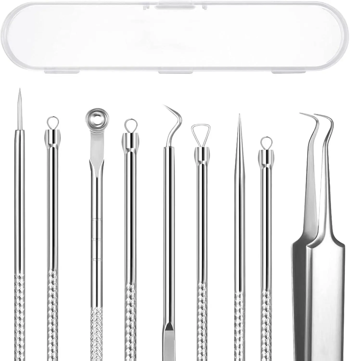 5PCS Blackhead Remover Comedone Extractor Kit - Professional Stainless Steel Tools for Pimple, Acne, and Blemish Removal - Curved Tweezers Included