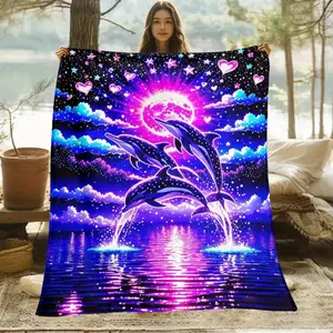 A purple dolphin patterned digital print flannel throw blanket, suitable for sofas, beds, travel, camping, and offices. Made of warm, comfortable, and soft fabric. Machine washable and water washable. Perfect for birthdays and holiday gifts.