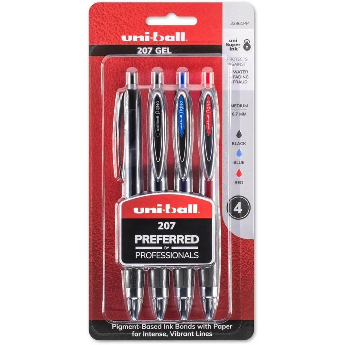 Uni-ball Signo 207 Retractable Gel Pen (UBC33961PP) - 0.7mm, Rubber Grip, Refillable, Assorted Colors, Pack of 4, Office Stationery Writing Tool with Check Fraud Prevention, Superior Writing Control