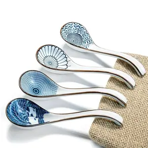 Asian Ceramic Soup Spoon V86E Long Handle Non-Slip Bottom for Japanese Ramen Chinese & Vietnamese Wonton Noodle Spoons BPA-Free