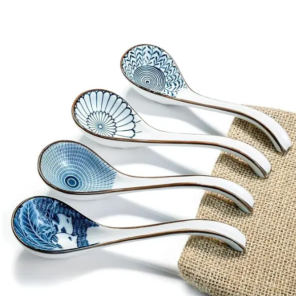 Traditional Asian Ceramic Soup Spoons - V86E Long-Handle Non-Slip Cutlery, BPA-Free Tableware for Japanese Ramen, Chinese Wonton Noodles