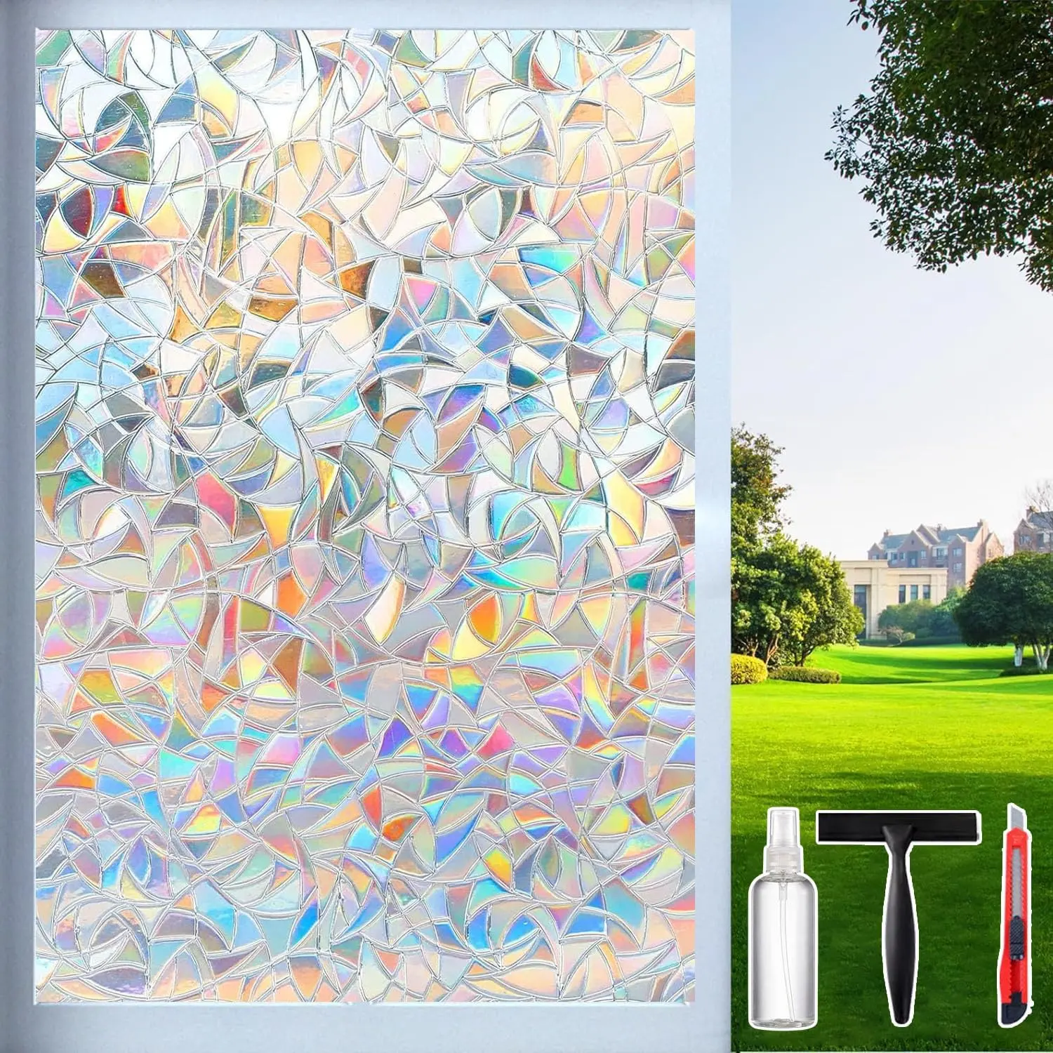 Dwersty Rainbow Window Privacy Film with Cutting Reference Line, 3D Decals Stained Glass Clings, Static Cling Sticker, Suncatcher Windows Cover Tint for Home, 17.5 Inch x 78.74 Inch