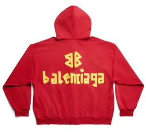 Balenciaga Tape Type Ripped Pocket Zip Up Hooded Sweatshirt Red Yellow