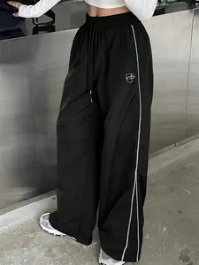 Women Loose Fitted Pants Casual Elastic Drawstring Waist Straight Leg Pants Trendy Color Block Edge Rolling Strip Desgin Daily Hiking Streewear Outdoor Activities Bottoms Spring Fall Winter Clothes