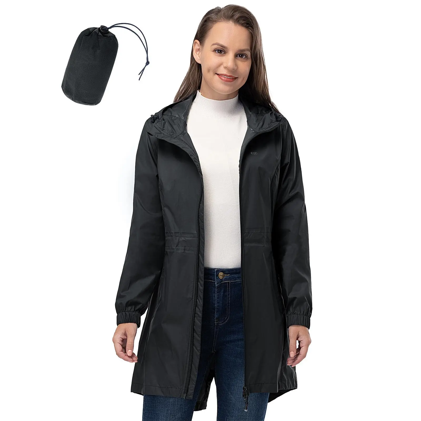33,000ft Women's Long Rain Jackets with Hood Packable Waterproof Trench Coats Windbreaker