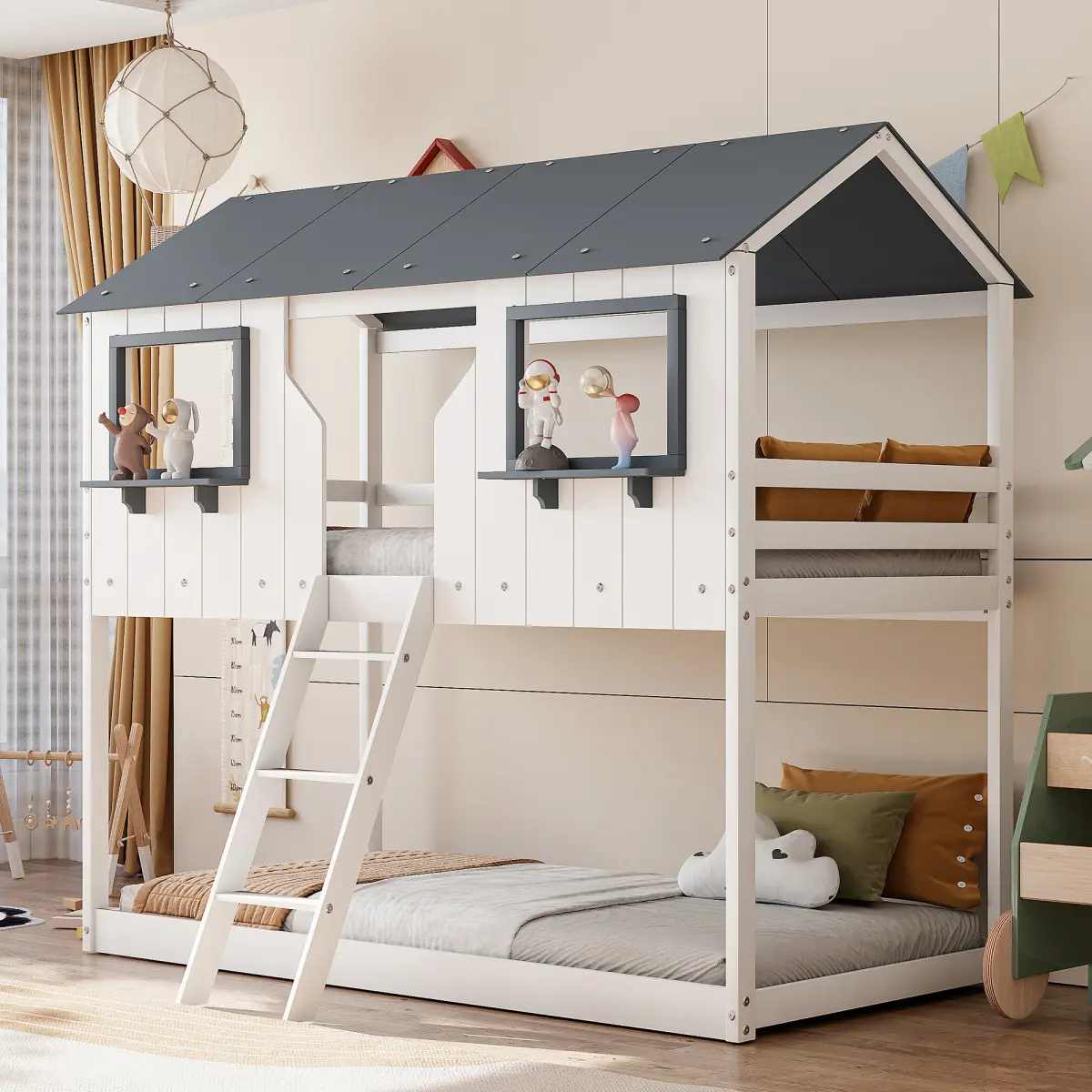 Twin Over Twin Wood Playhouse Bunk Bed for Kids' Bedroom, 75.2"l x 44.6"w x 82"h, with Roof, Window, Guardrail, Ladder, Assembly Required, 250lbs Bottom Bed Capacity (White)(OLD SKU: LT000045AAK-1), Loft Beds, Pine + Plywood
