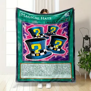 Yu-Gi-Oh! Classic Spell Card Magical Hats Themed Blanket, Restoring The Card's Blue-purple Contrast Color And Question Mark Top Hat Design. Soft And Comfortable Home Blanket, A Collectible Periph