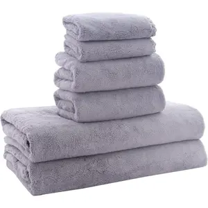 Ultra Soft Towel Set - Quick Drying - 2 Bath Towels 2 Hand Towels 2 Washcloths - Microfiber Coral Velvet Highly Absorbent Towel for Fitness, Bathroom, Sports, Yoga, Travel-Grey 6 Pcs