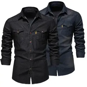 [Best selling] Fashion Autumn Cotton Denim Shirts Men Casual Long Sleeve Quality Cowboy Shirt Solid Color Slim Fit Elastic Jean Shirts for Men