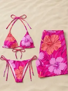 Matching Couple Swimwear Set, Tropical Hibiscus Bikini and Trunks, Summer Beach Outfit