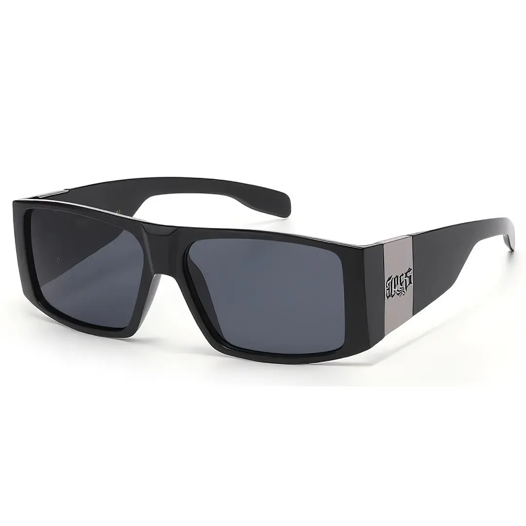 Authentic LOCS Flat Top Rectangle Sunglasses – Gold or Silver Logo Panel, Super Dark OG Lowrider Shades
