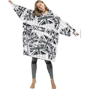 Unisex-Adult Union Jack Print Blanket Hoodie Sweatshirt, Oversized Wearable Union Flag Gray/Fleece Pullover for Adult Men WomenGift