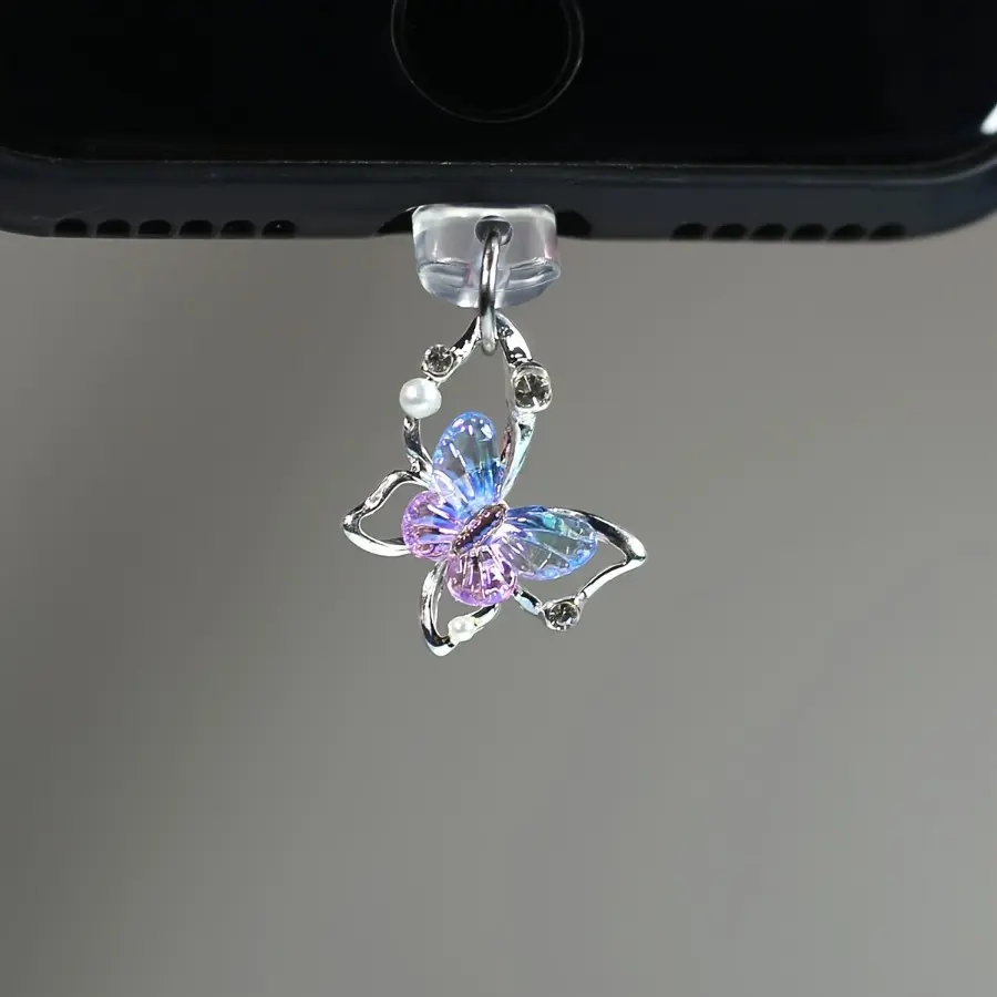 Phone Dust Plug Set with Pearl Rhinestones 3D Butterfly, Elegant Detailing, Phone Accessory Charm, for iPhone/Type-C, Best Gift for Women, Cell Phone Charms, Cute Phone Charm, Acrylic Charm