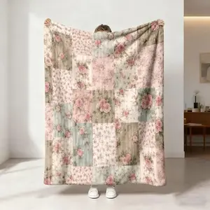 1 piece of retro pink rose patchwork style floral print Flannel Throw Blanket soft and comfortable bed blanket sofa blanket camping and other uses available all year round