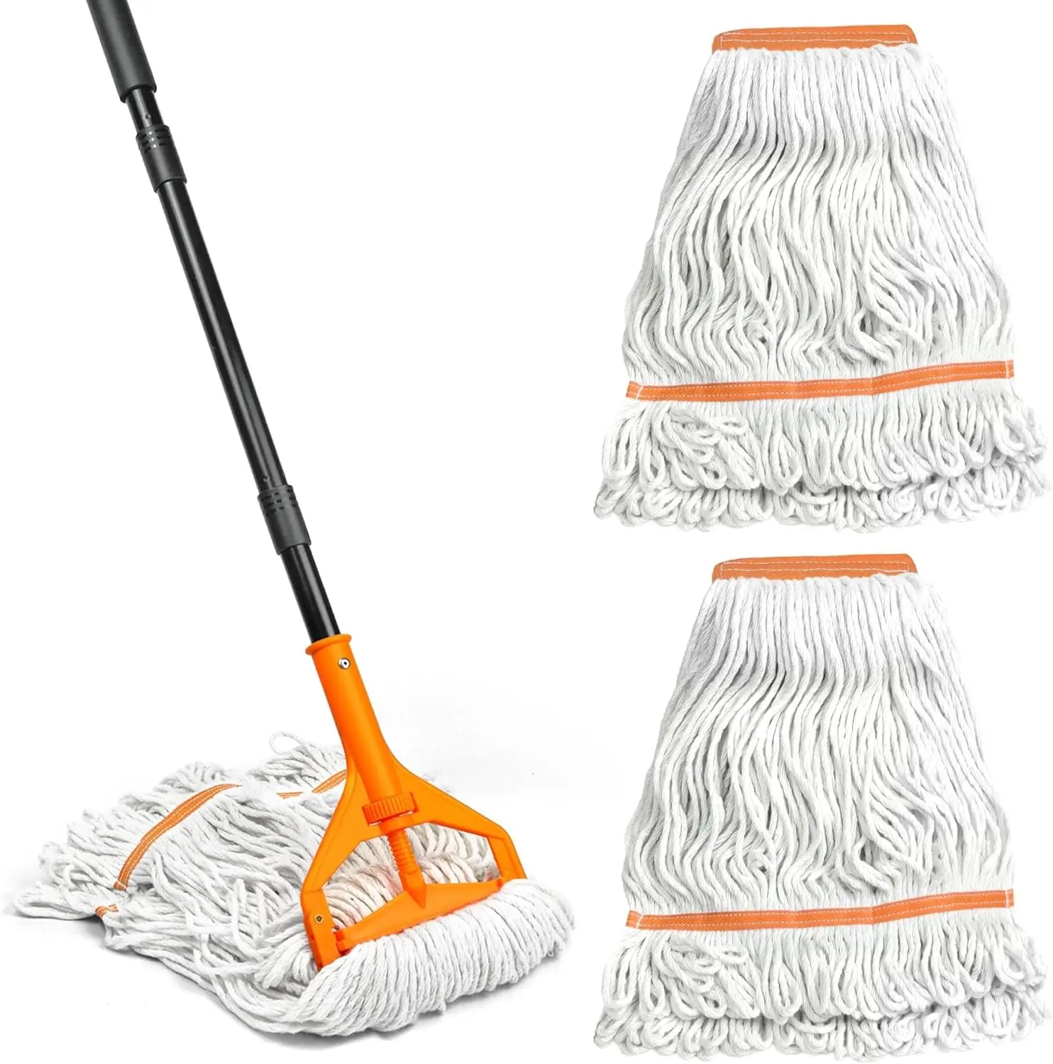 TidyBliss Commercial Mop with 3 Replacement Heads, 55” Long Handle Large Heavy Duty Industrial String Floor Cleaner, Professional Dry Wet Cotton Cleaning Tool for Concrete Tile Hardwood (Orange)