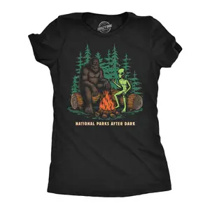 Womens Funny T Shirts National Parks After Dark Sarcastic Bigfoot Alien Graphic Novelty Tee For Ladies Funny Womens T Shirts Cute Vintage Fashion Casual Ladies T-Shirt Gift Funny Camping Top Women's Novelty Black -