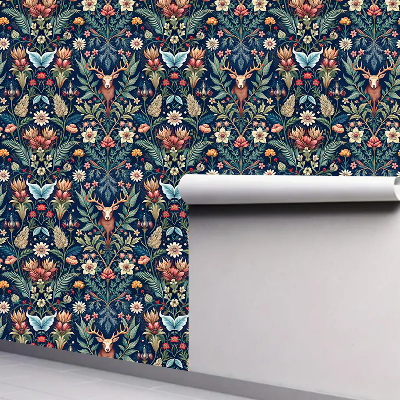 Vintage American Bathroom Wallpaper Peel and Stick Self-Adhesive - Christmas Reindeer & Floral Forest Wonderland | Waterproof Removable Self-Adhesive for Living Room & Bedroom Wall Renovation