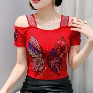 Y2k Summer European Clothing T-shirt Female New Short Sleeve Tops Shirt Fashion Butterfly Diamonds Mesh Tees Women Slim T-Shirt Womenswear Streetwear