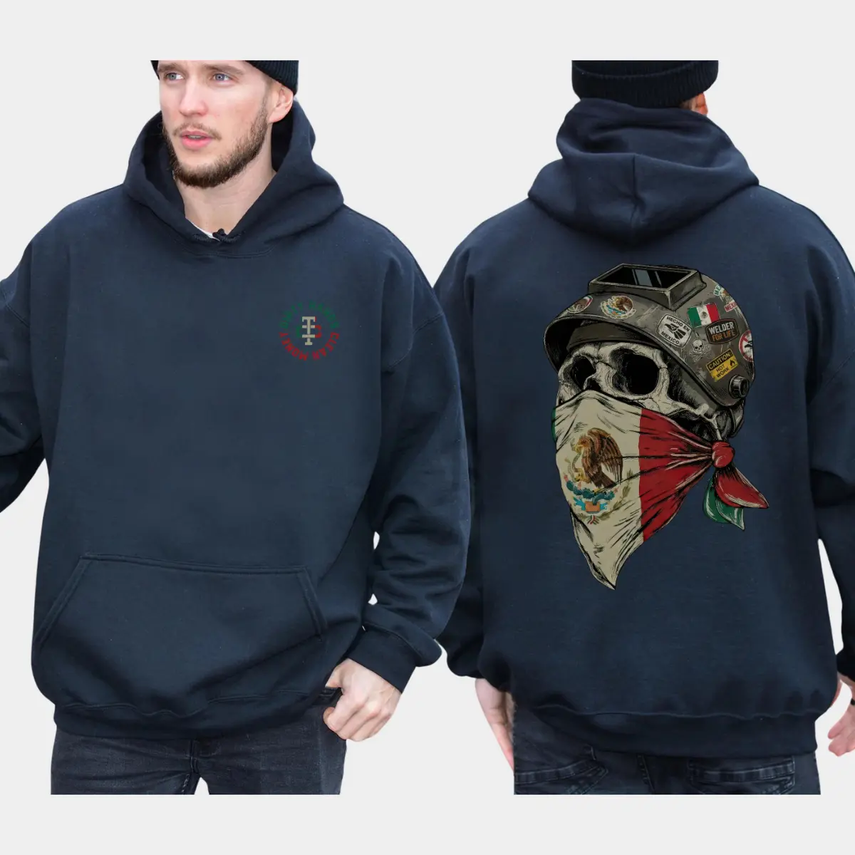 Mexican Skull Welder With Sticker Face Mask Hoodie, Dirty Hands Clean Money Hoodie, Welder Graphics Shirt, Mexican Dad Gifts, Workwear Graphics Hoodie, Casual Mens Wear