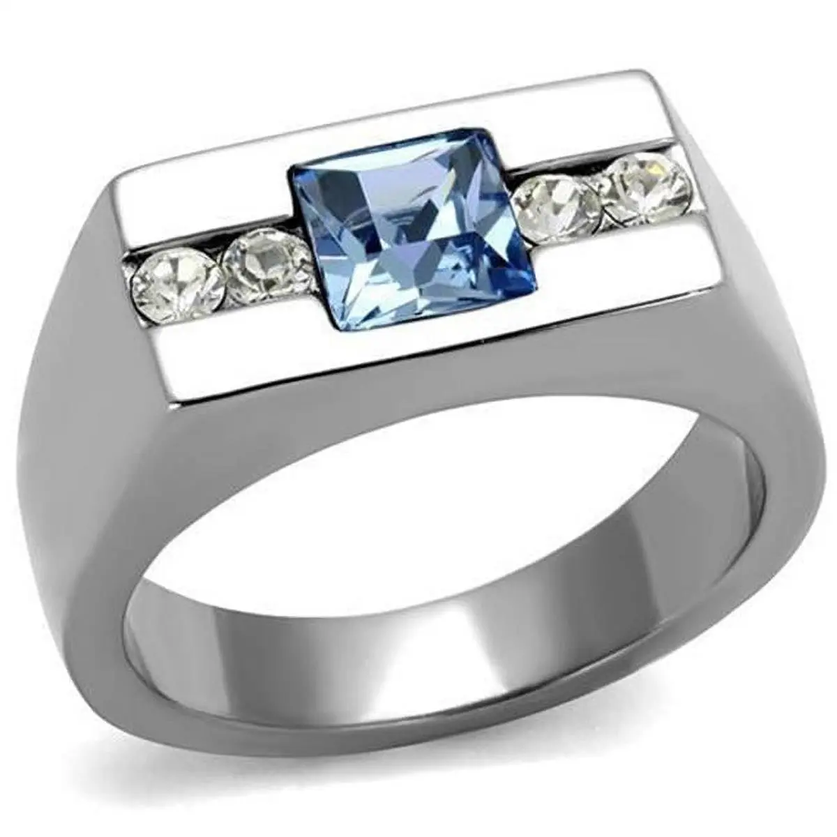 212 MAIN Male Exquisite Trendy Stainless Steel Ring - High-Polished, Aquamarine & Top-Grade Crystal Accents, Size 11, Stone Crystal Rings for Enhancing Natural Beauty