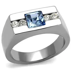 Alamode  Men High Polished Stainless Steel Ring with Top Grade Crystal in Aquamarine - Size 11